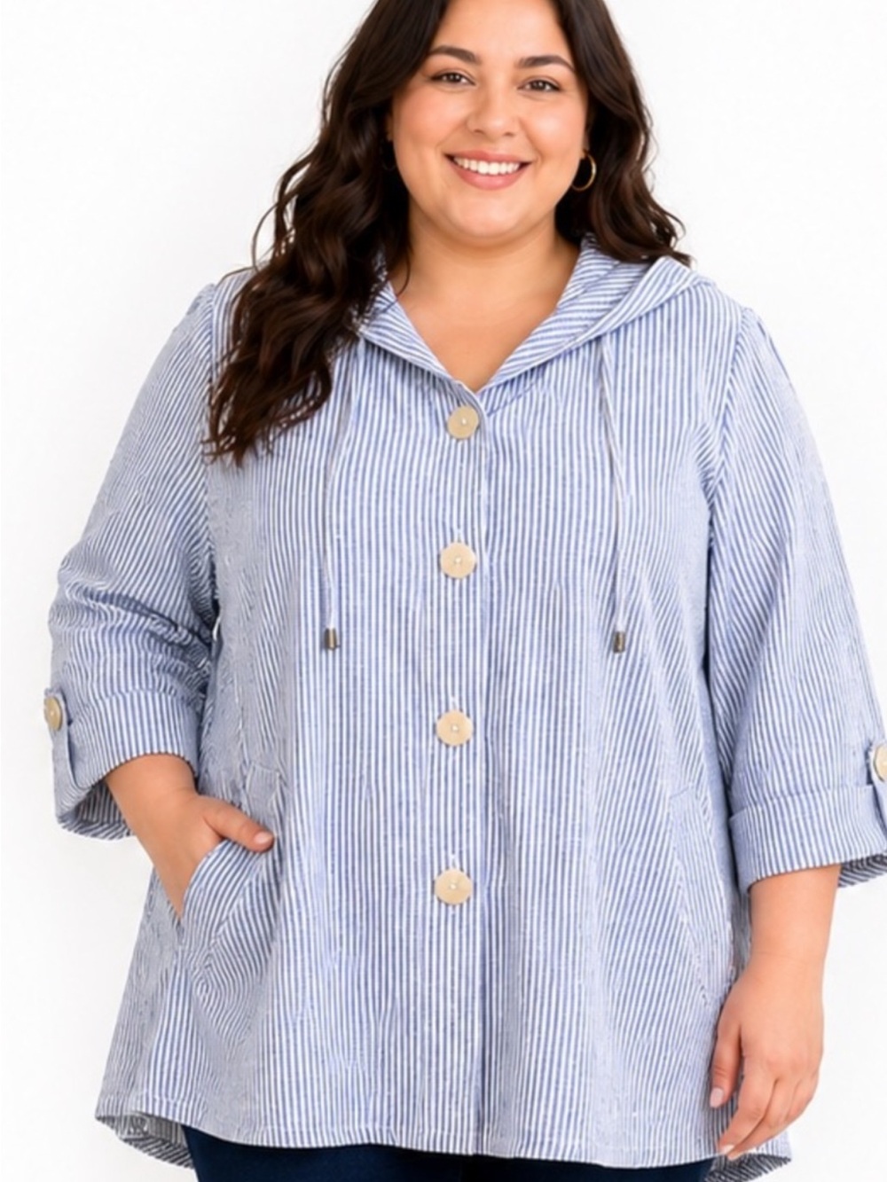 JNY Jones NY Blue White Stripe Hooded Jacket 3X Plus Size